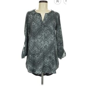 Rock & Republic Blue & Black Silver Print V Neck Tunic Roll Tab Sleeves Size XS